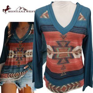 MONTANA WEST Western Aztec Serape Print V Neck Long Sleeve T Shirt S-XXXL NWT